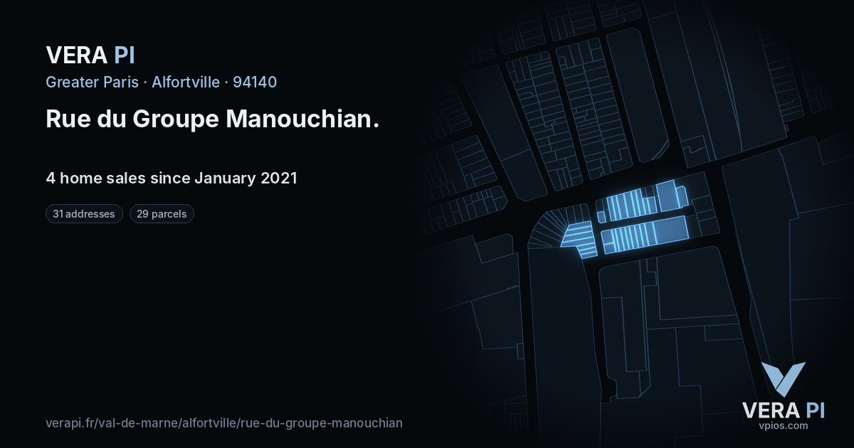 Rue du Groupe Manouchian, Alfortville at night – every parcel coloured by the prices around it, the street's own parcels lit
