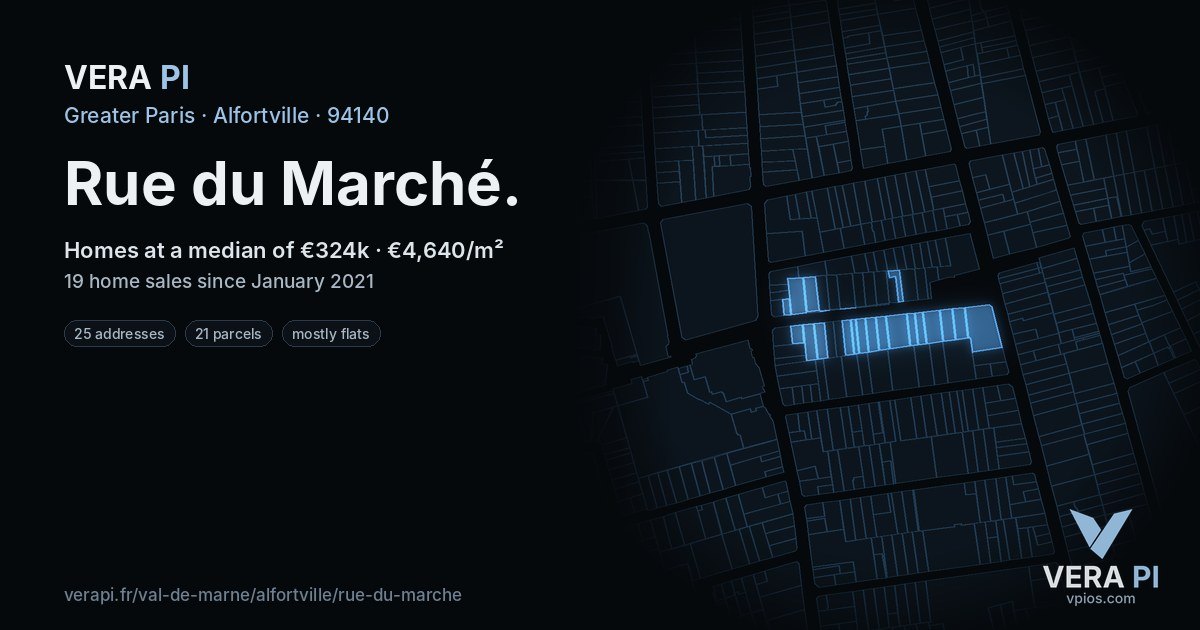 Rue du Marché, Alfortville at night – every parcel coloured by the prices around it, the street's own parcels lit