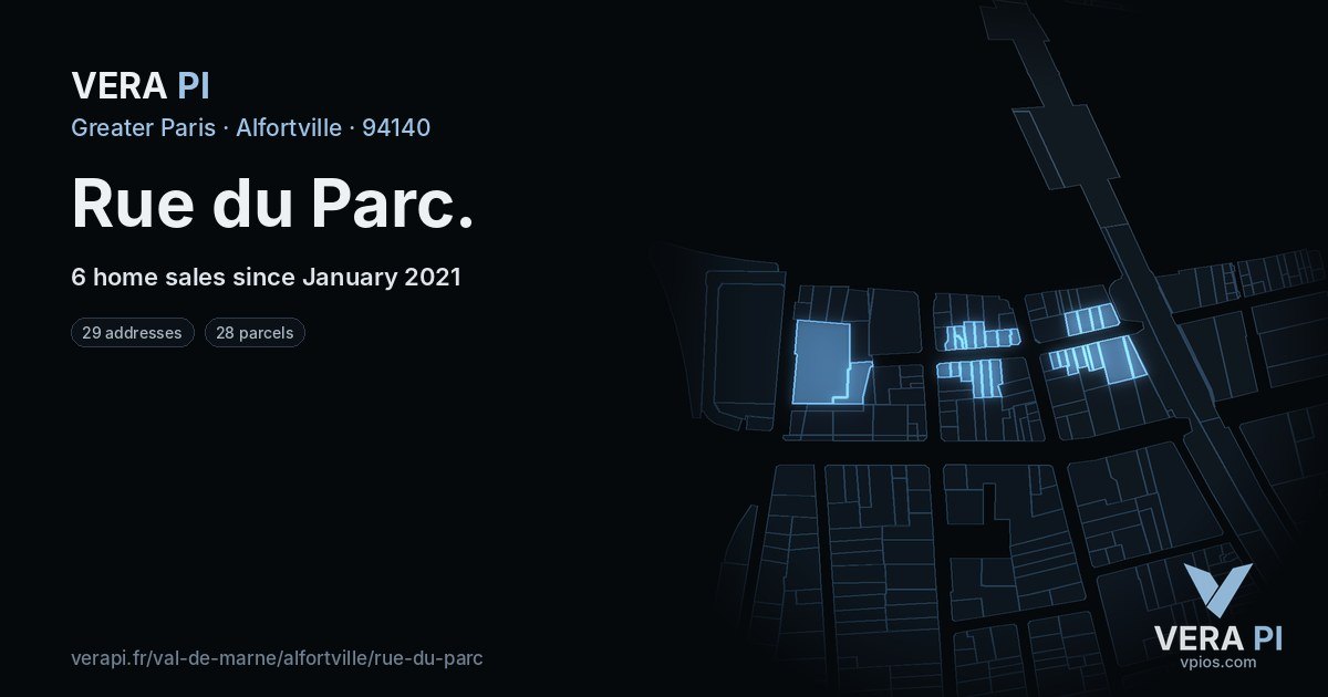 Rue du Parc, Alfortville at night – every parcel coloured by the prices around it, the street's own parcels lit