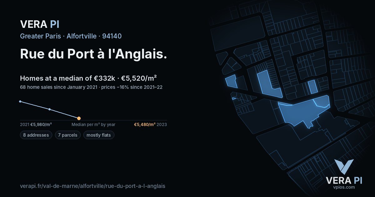 Rue du Port à l'Anglais, Alfortville at night – every parcel coloured by the prices around it, the street's own parcels lit