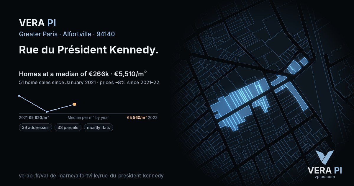 Rue du Président Kennedy, Alfortville at night – every parcel coloured by the prices around it, the street's own parcels lit