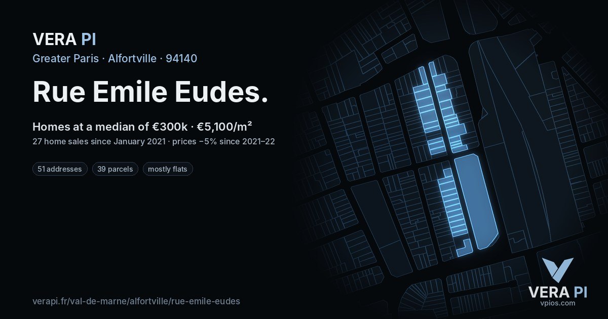 Rue Emile Eudes, Alfortville at night – every parcel coloured by the prices around it, the street's own parcels lit