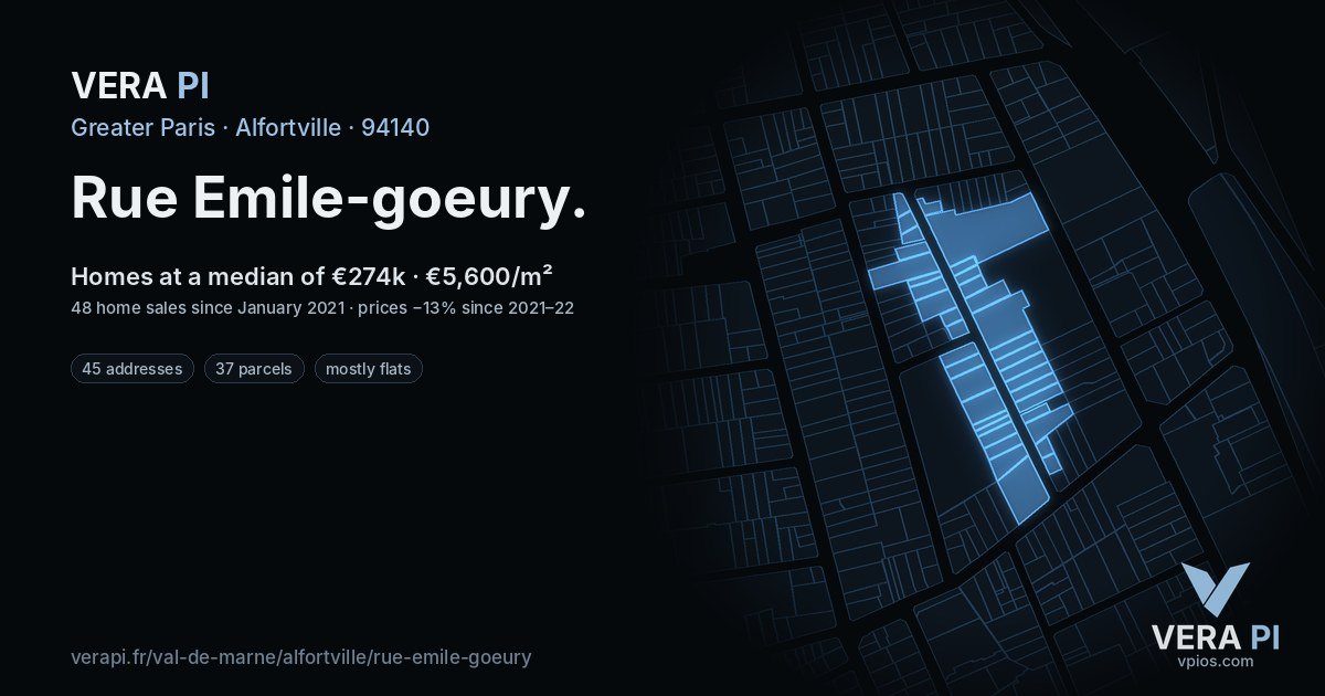 Rue Emile-goeury, Alfortville at night – every parcel coloured by the prices around it, the street's own parcels lit