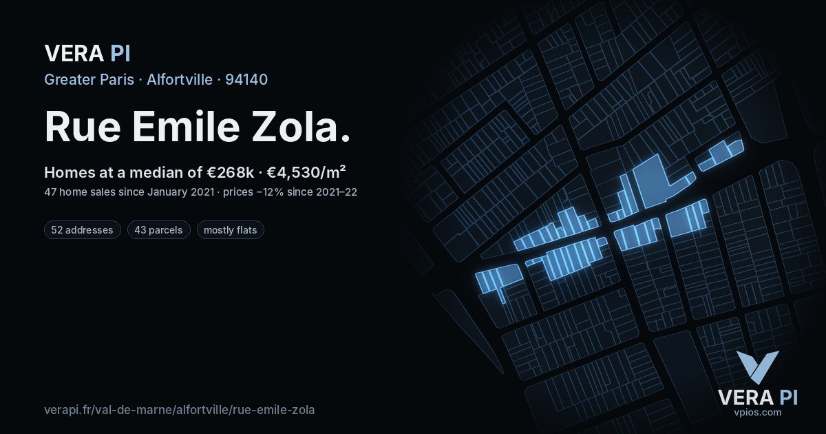 Rue Emile Zola, Alfortville at night – every parcel coloured by the prices around it, the street's own parcels lit