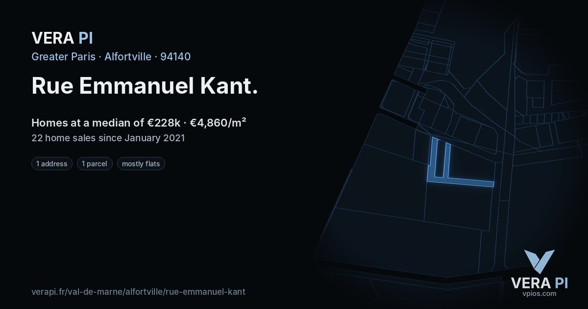 Rue Emmanuel Kant, Alfortville at night – every parcel coloured by the prices around it, the street's own parcels lit