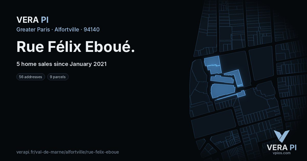Rue Félix Eboué, Alfortville at night – every parcel coloured by the prices around it, the street's own parcels lit