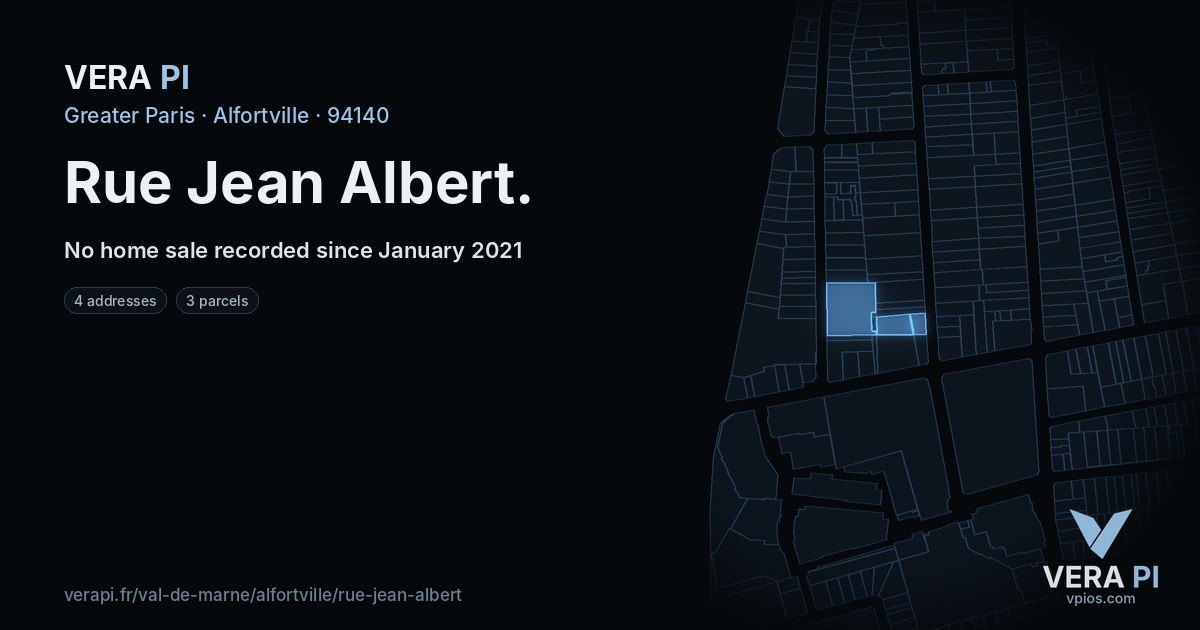 Rue Jean Albert, Alfortville at night – every parcel coloured by the prices around it, the street's own parcels lit