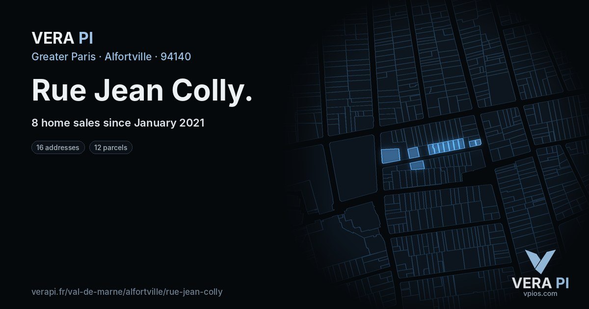 Rue Jean Colly, Alfortville at night – every parcel coloured by the prices around it, the street's own parcels lit