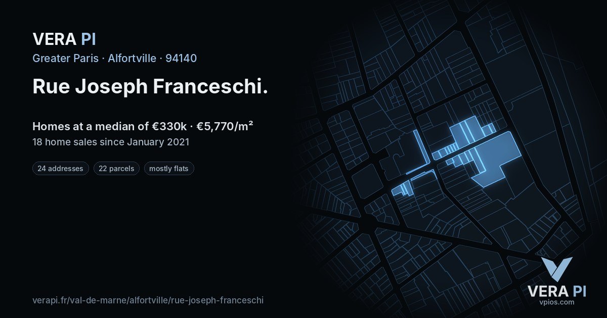 Rue Joseph Franceschi, Alfortville at night – every parcel coloured by the prices around it, the street's own parcels lit