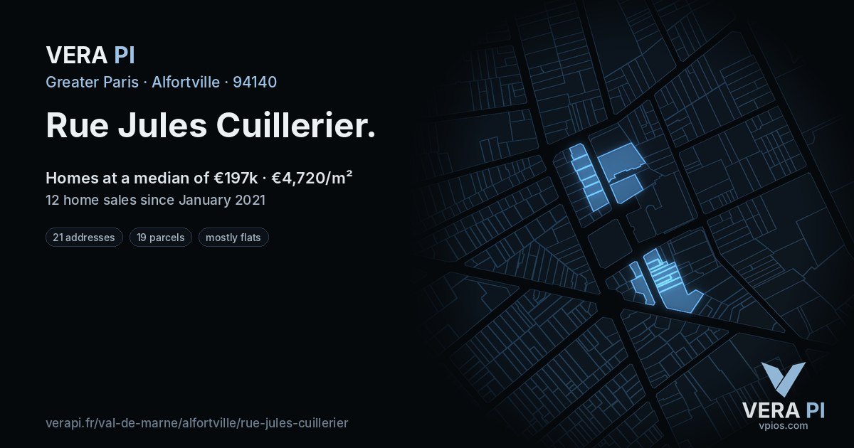 Rue Jules Cuillerier, Alfortville at night – every parcel coloured by the prices around it, the street's own parcels lit
