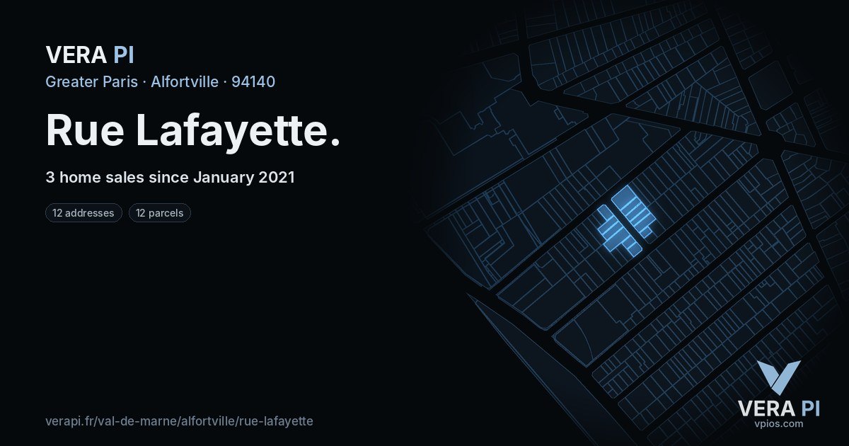 Rue Lafayette, Alfortville at night – every parcel coloured by the prices around it, the street's own parcels lit