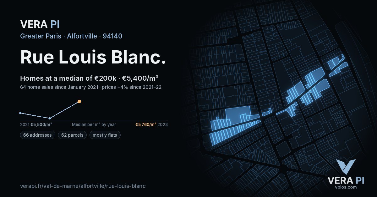 Rue Louis Blanc, Alfortville at night – every parcel coloured by the prices around it, the street's own parcels lit