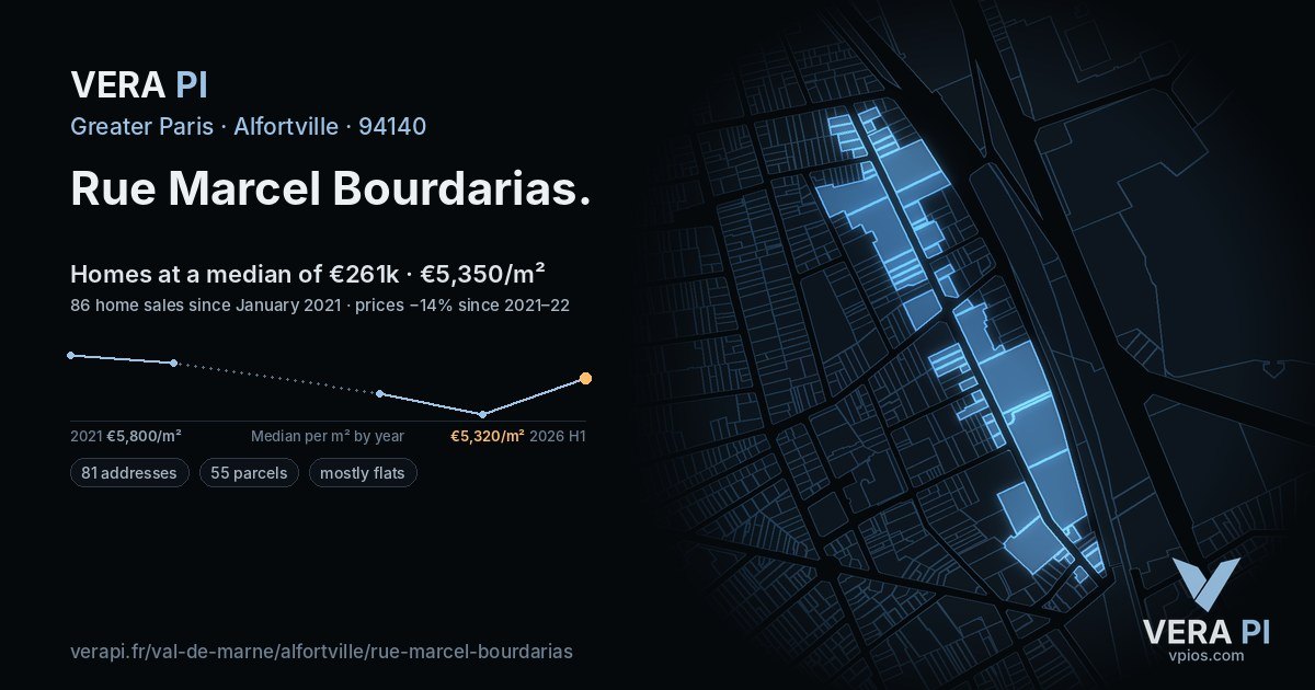 Rue Marcel Bourdarias, Alfortville at night – every parcel coloured by the prices around it, the street's own parcels lit