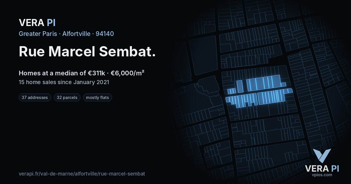 Rue Marcel Sembat, Alfortville at night – every parcel coloured by the prices around it, the street's own parcels lit