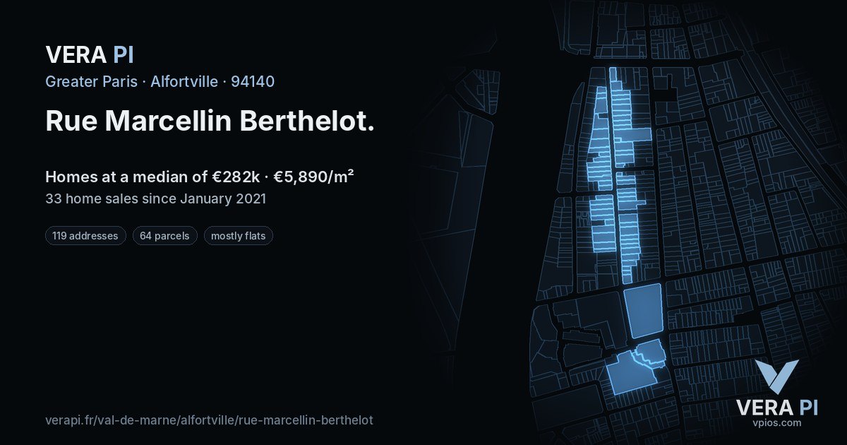 Rue Marcellin Berthelot, Alfortville at night – every parcel coloured by the prices around it, the street's own parcels lit