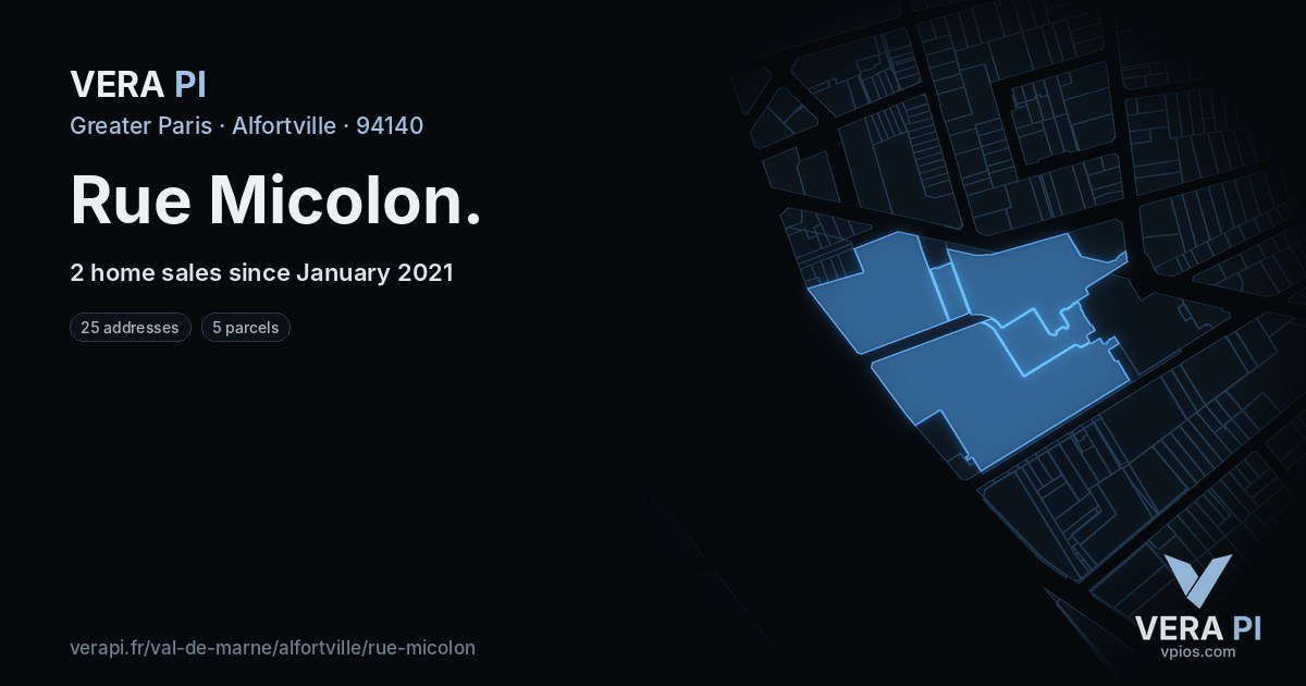 Rue Micolon, Alfortville at night – every parcel coloured by the prices around it, the street's own parcels lit