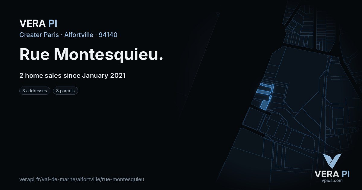 Rue Montesquieu, Alfortville at night – every parcel coloured by the prices around it, the street's own parcels lit