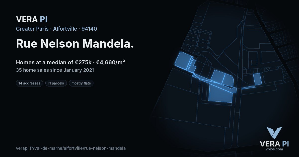 Rue Nelson Mandela, Alfortville at night – every parcel coloured by the prices around it, the street's own parcels lit
