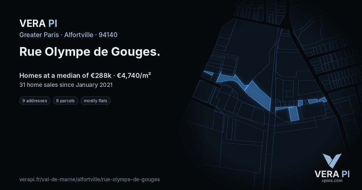 Rue Olympe de Gouges, Alfortville at night – every parcel coloured by the prices around it, the street's own parcels lit