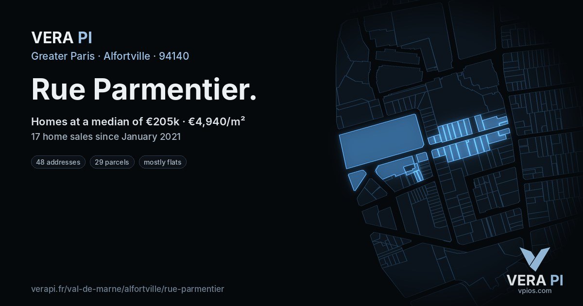 Rue Parmentier, Alfortville at night – every parcel coloured by the prices around it, the street's own parcels lit