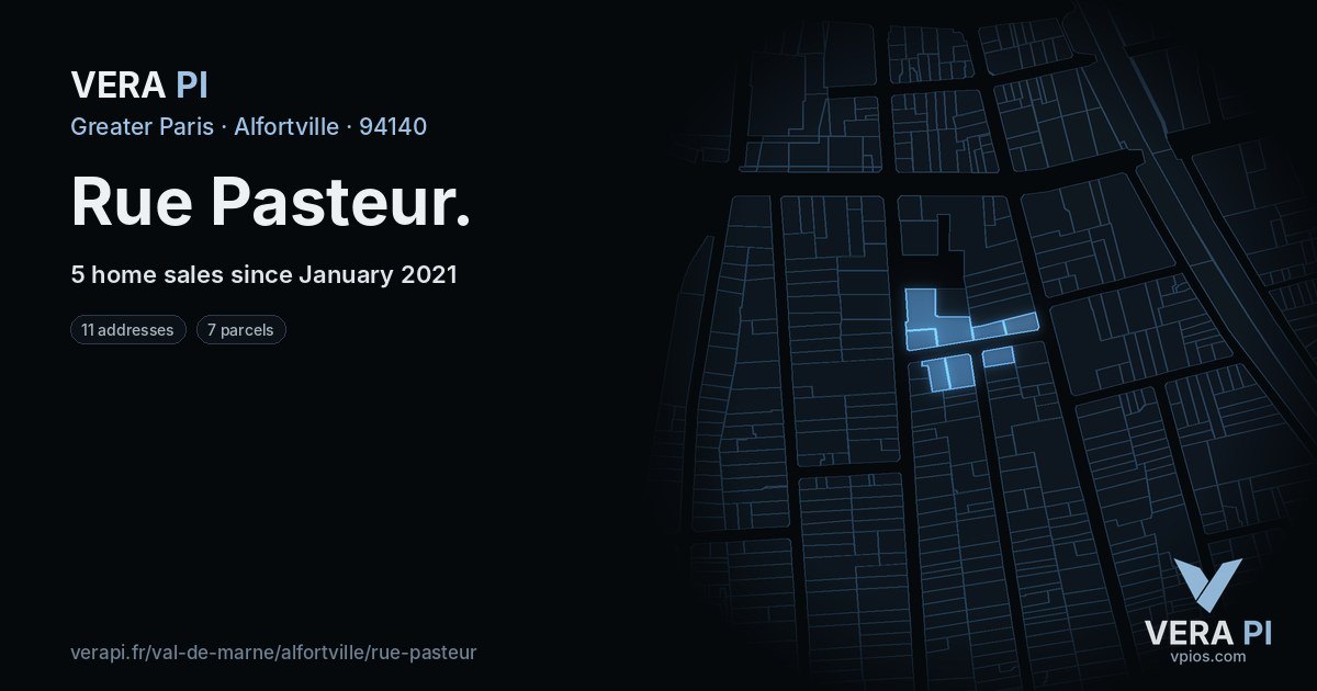 Rue Pasteur, Alfortville at night – every parcel coloured by the prices around it, the street's own parcels lit