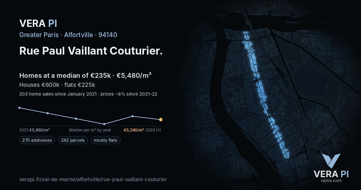 Rue Paul Vaillant Couturier, Alfortville at night – every parcel coloured by the prices around it, the street's own parcels lit