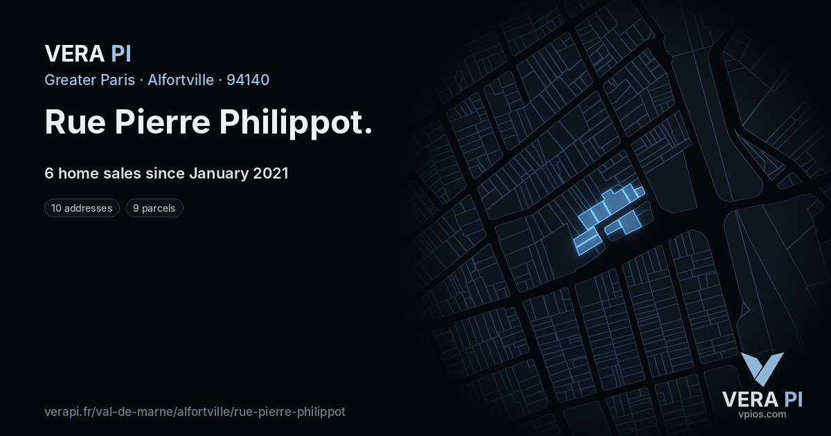 Rue Pierre Philippot, Alfortville at night – every parcel coloured by the prices around it, the street's own parcels lit
