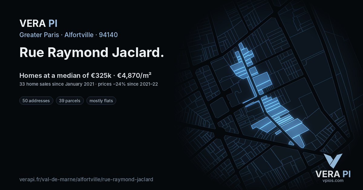 Rue Raymond Jaclard, Alfortville at night – every parcel coloured by the prices around it, the street's own parcels lit
