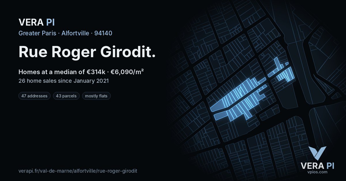 Rue Roger Girodit, Alfortville at night – every parcel coloured by the prices around it, the street's own parcels lit
