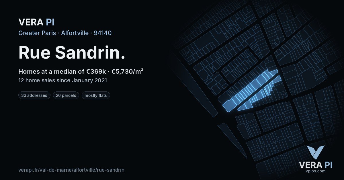 Rue Sandrin, Alfortville at night – every parcel coloured by the prices around it, the street's own parcels lit
