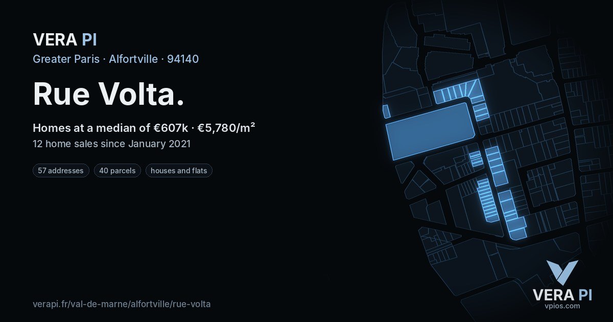 Rue Volta, Alfortville at night – every parcel coloured by the prices around it, the street's own parcels lit
