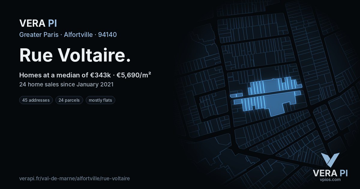 Rue Voltaire, Alfortville at night – every parcel coloured by the prices around it, the street's own parcels lit