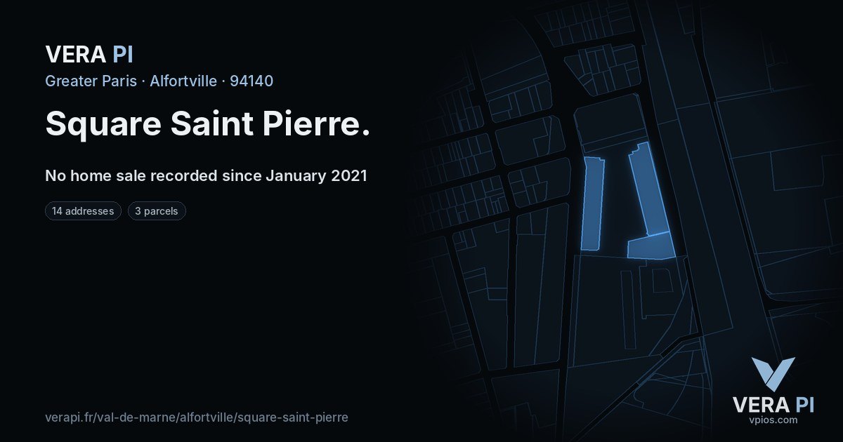 Square Saint Pierre, Alfortville at night – every parcel coloured by the prices around it, the street's own parcels lit