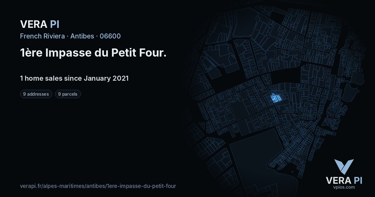 1ère Impasse du Petit Four, Antibes at night – every parcel coloured by the prices around it, the street's own parcels lit