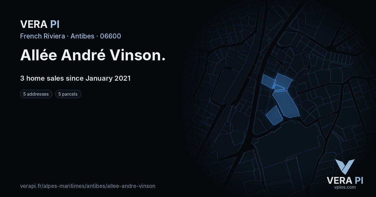Allée André Vinson, Antibes at night – every parcel coloured by the prices around it, the street's own parcels lit