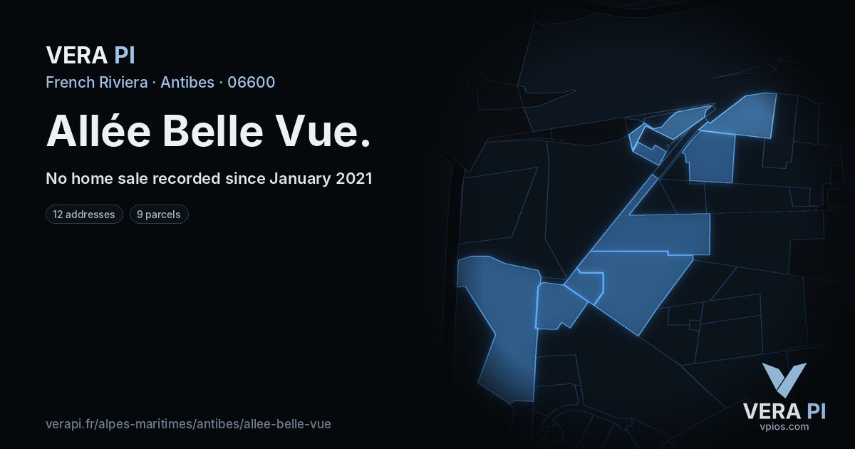 Allée Belle Vue, Antibes at night – every parcel coloured by the prices around it, the street's own parcels lit