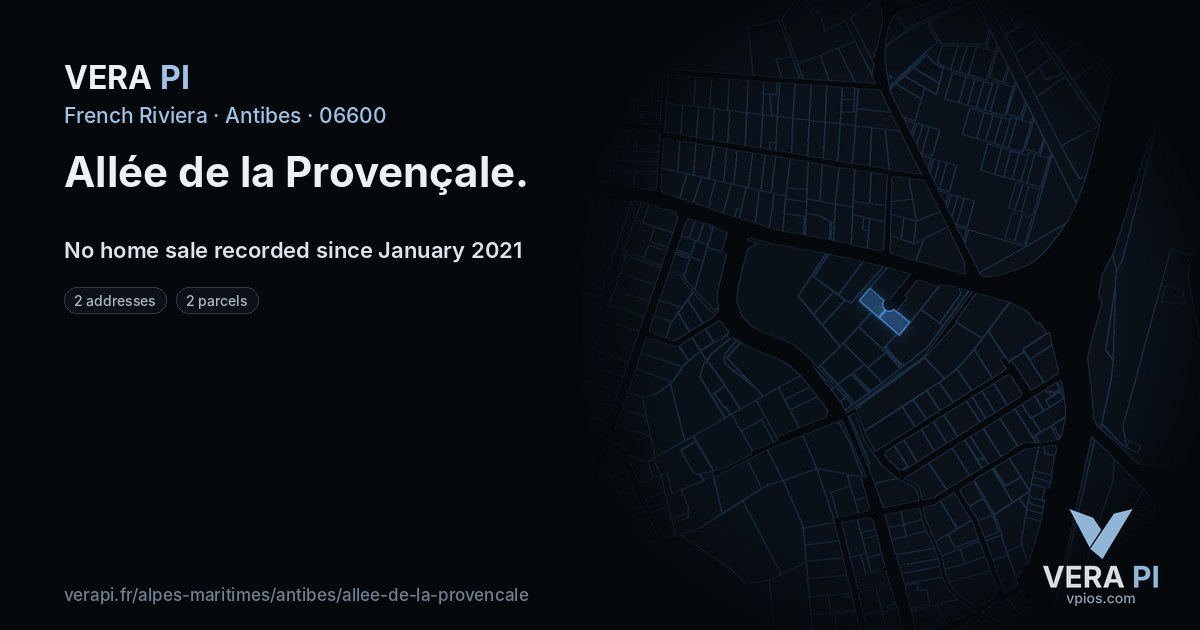 Allée de la Provençale, Antibes at night – every parcel coloured by the prices around it, the street's own parcels lit