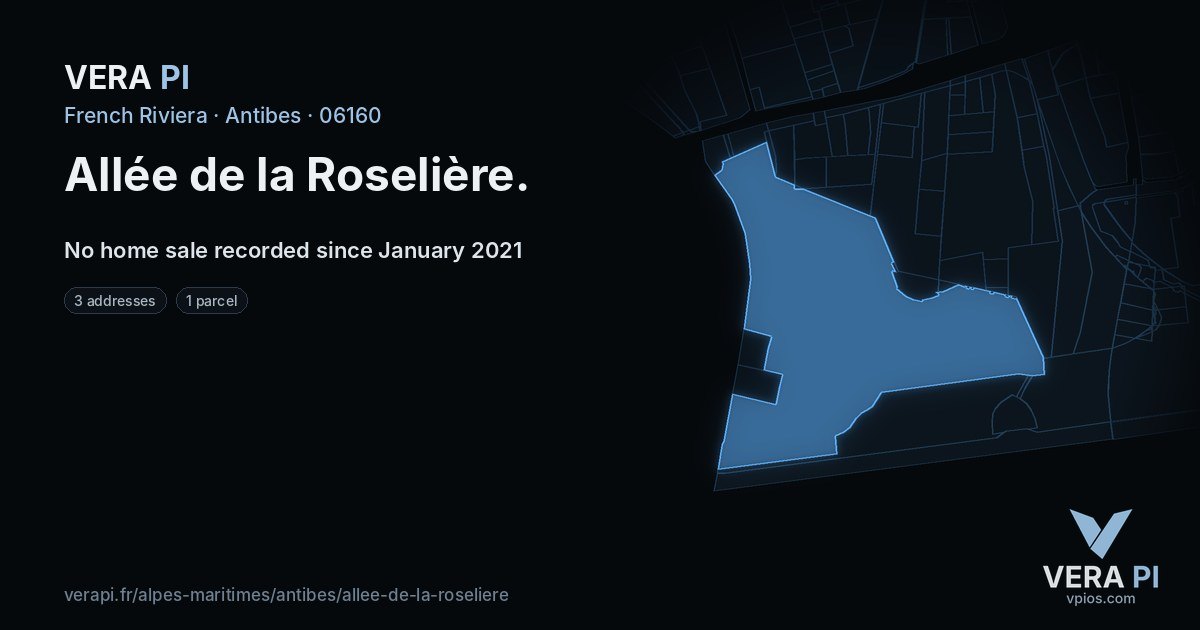 Allée de la Roselière, Antibes at night – every parcel coloured by the prices around it, the street's own parcels lit