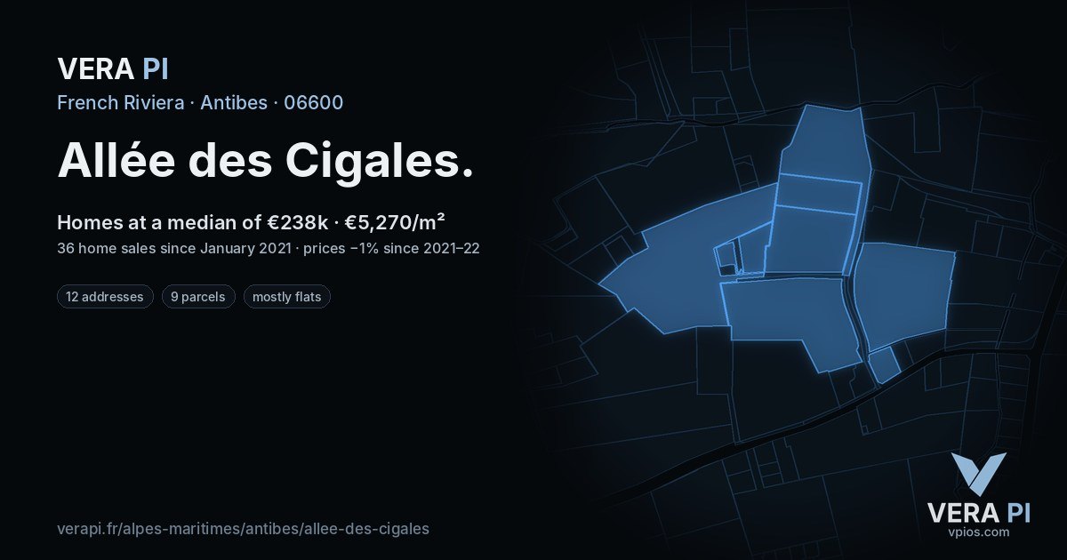 Allée des Cigales, Antibes at night – every parcel coloured by the prices around it, the street's own parcels lit