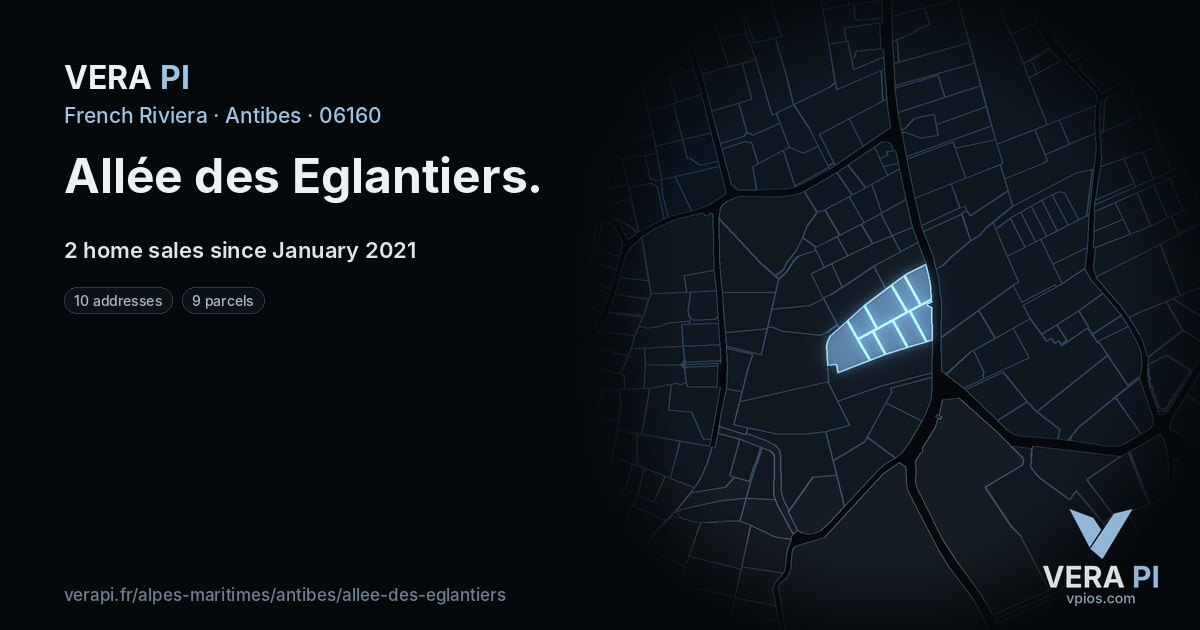 Allée des Eglantiers, Antibes at night – every parcel coloured by the prices around it, the street's own parcels lit