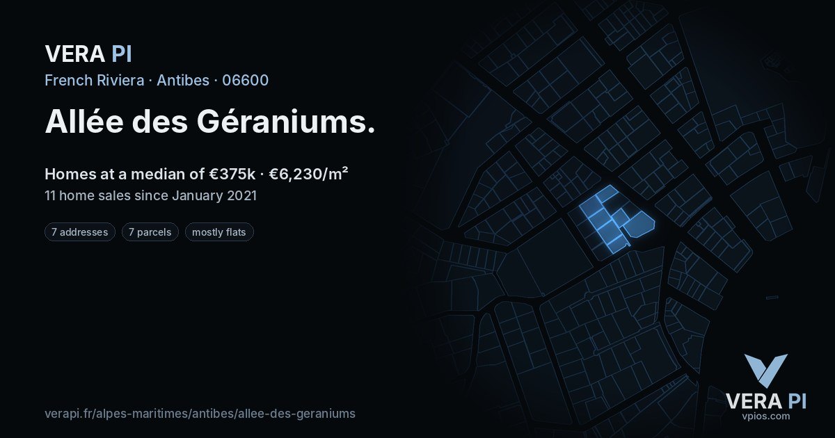 Allée des Géraniums, Antibes at night – every parcel coloured by the prices around it, the street's own parcels lit