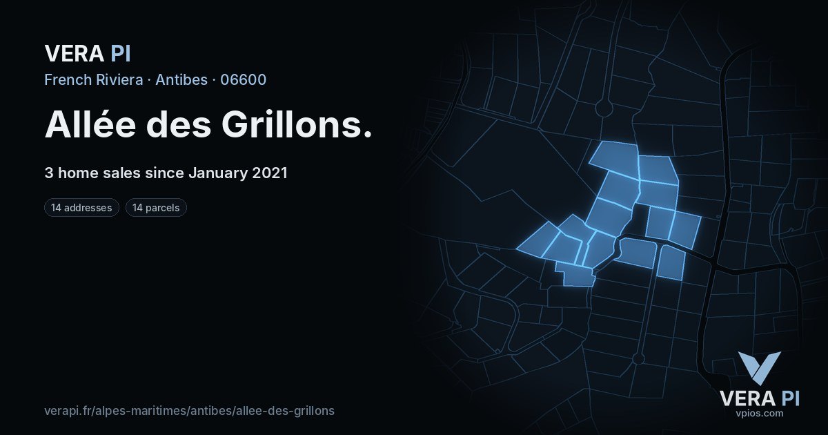 Allée des Grillons, Antibes at night – every parcel coloured by the prices around it, the street's own parcels lit