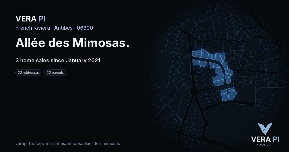Allée des Mimosas, Antibes at night – every parcel coloured by the prices around it, the street's own parcels lit