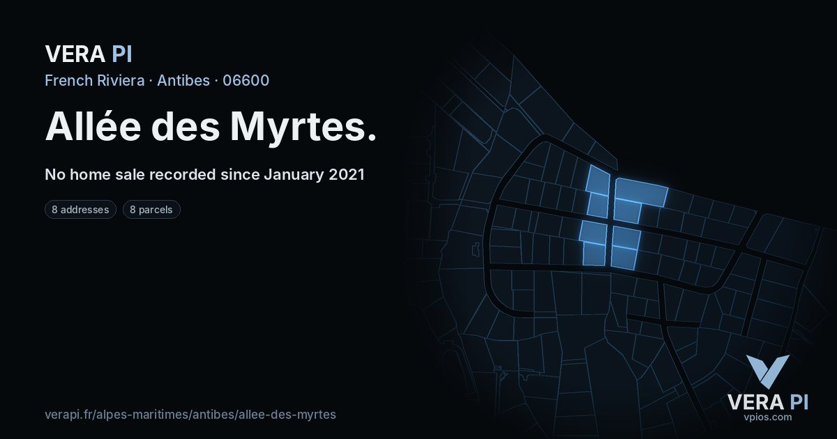 Allée des Myrtes, Antibes at night – every parcel coloured by the prices around it, the street's own parcels lit