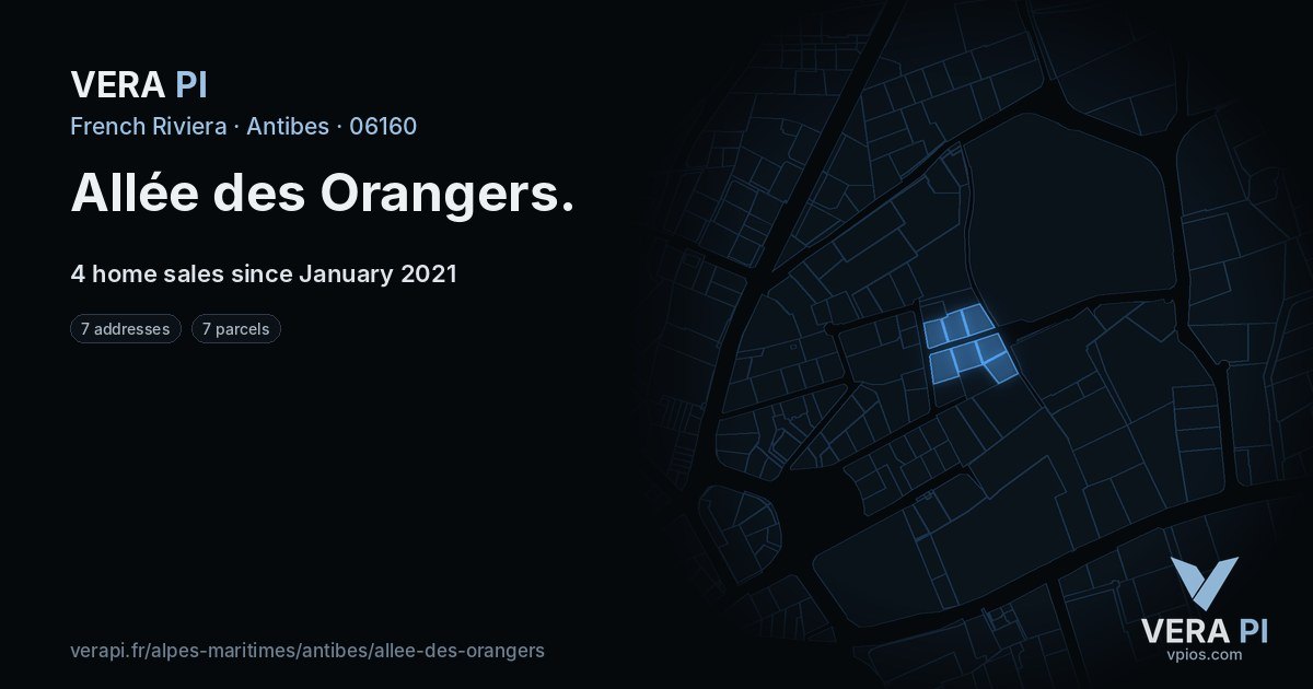 Allée des Orangers, Antibes at night – every parcel coloured by the prices around it, the street's own parcels lit