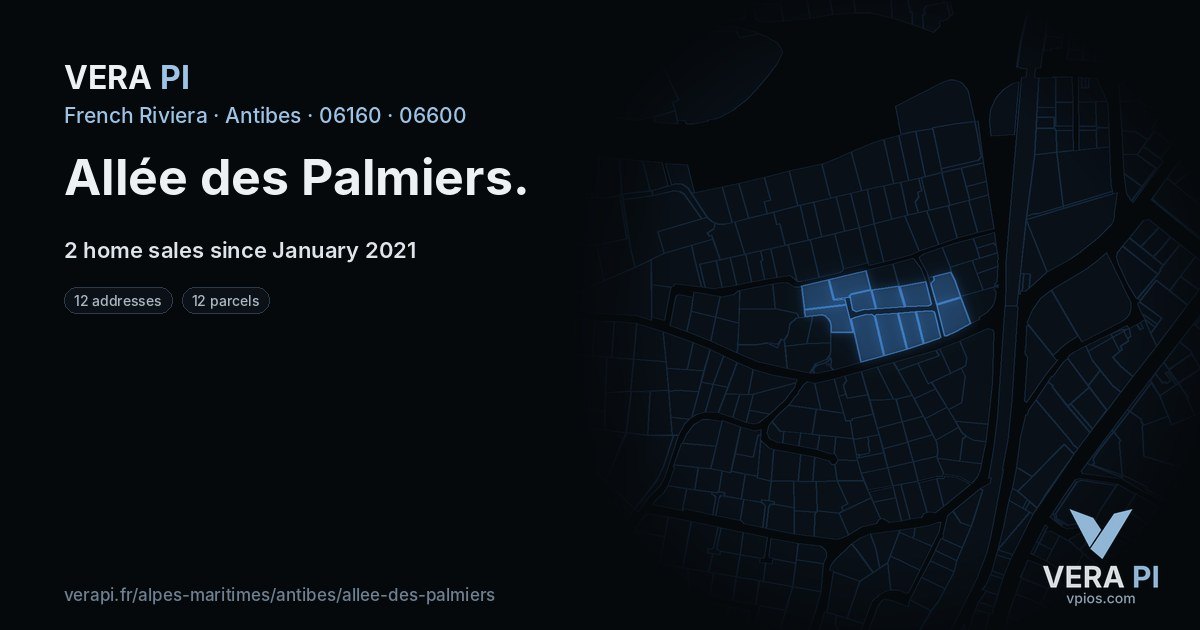 Allée des Palmiers, Antibes at night – every parcel coloured by the prices around it, the street's own parcels lit