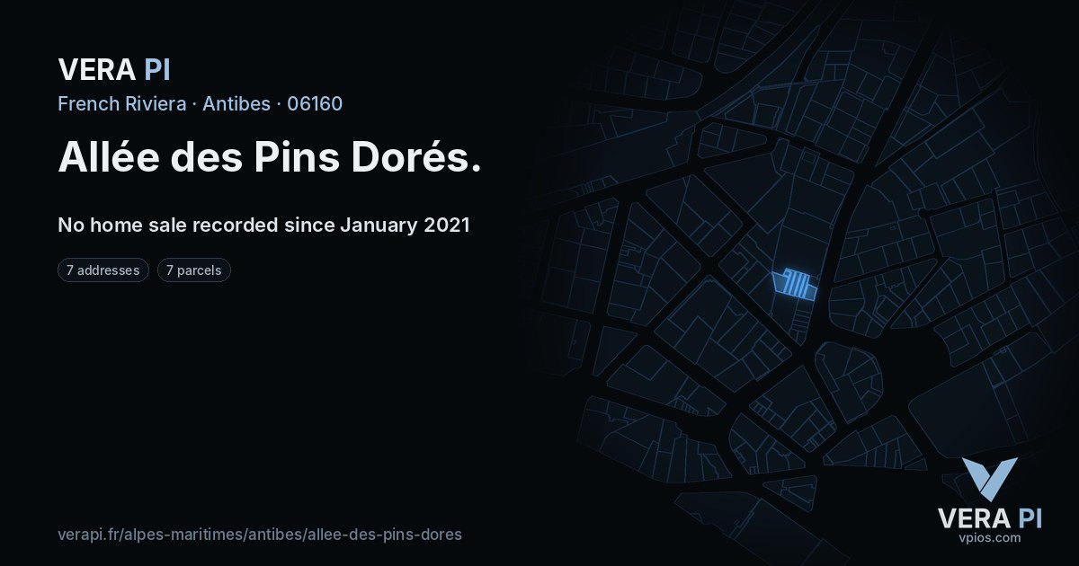 Allée des Pins Dorés, Antibes at night – every parcel coloured by the prices around it, the street's own parcels lit