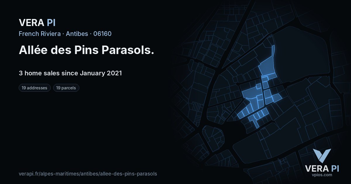 Allée des Pins Parasols, Antibes at night – every parcel coloured by the prices around it, the street's own parcels lit