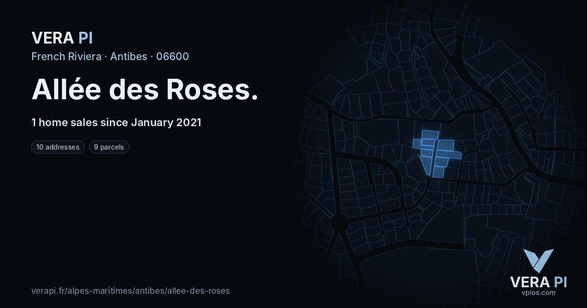 Allée des Roses, Antibes at night – every parcel coloured by the prices around it, the street's own parcels lit