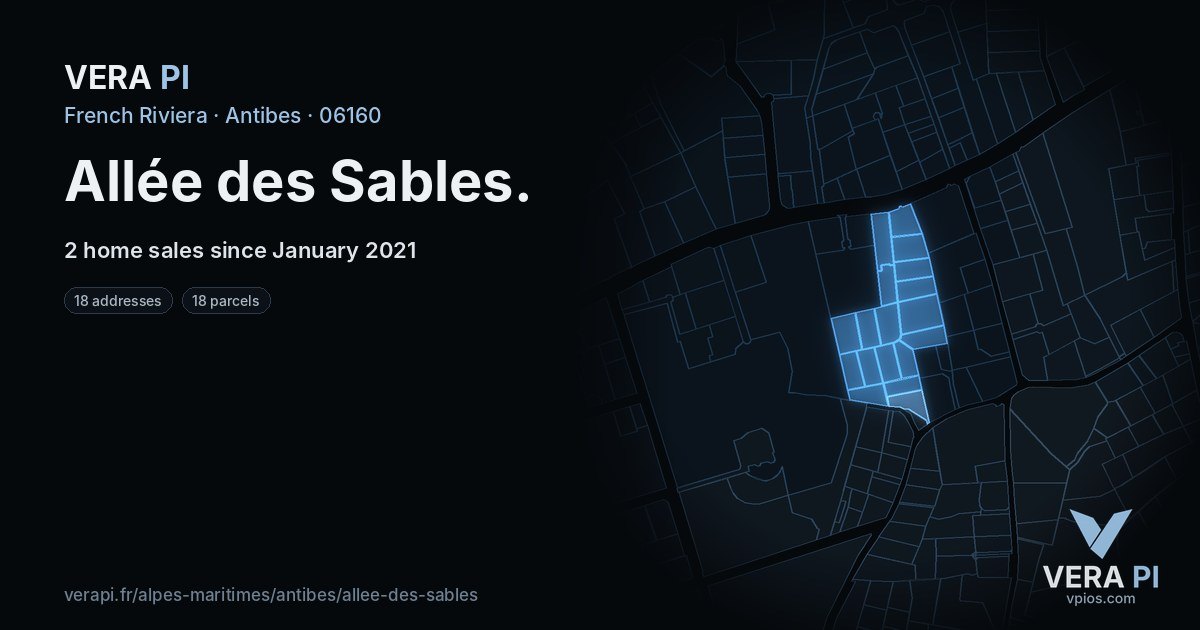 Allée des Sables, Antibes at night – every parcel coloured by the prices around it, the street's own parcels lit